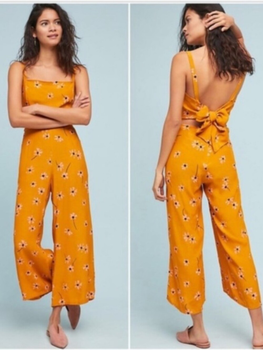 Faithfull the brand Gold Yellow Playa Jumpsuit Floral Medium Tie Cutout Straps